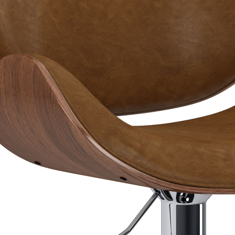 Close-up of the Marana - Multifunctional Handcrafted Bentwood Adjustable Swivel Bar Stool, showcasing its curved brown leather seat with wooden trim and a sleek chrome base.