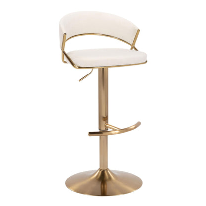 The Jie Contemporary Adjustable Barstool (Set of 2) features a rounded T footrest, gold metal base, white cushioned seat, swivel function, and a curved backrest with gold accents for a modern touch.