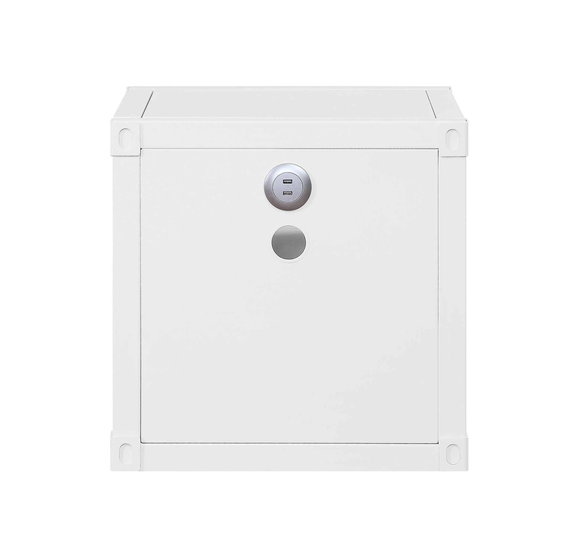 The Cargo - Nightstand With USB is a white, box-shaped cabinet featuring a single front door, a central round handle, and a circular digital lock or keypad above it. The nightstand is shown against a plain white background.