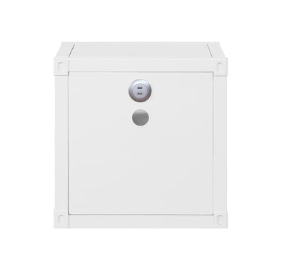 The Cargo - Nightstand With USB is a white, box-shaped cabinet featuring a single front door, a central round handle, and a circular digital lock or keypad above it. The nightstand is shown against a plain white background.
