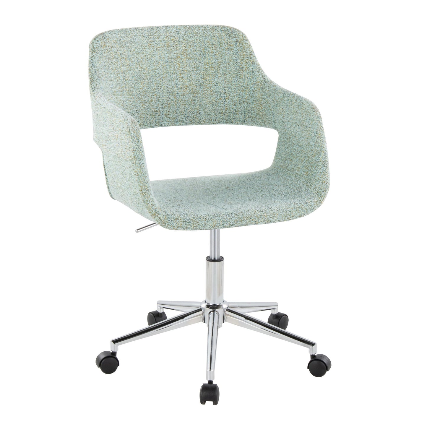 The Margarite - Contemporary Office Task Chair features light blue upholstery, a curved backrest with an open lower section, armrests, and a chrome swivel base with five caster wheels.
