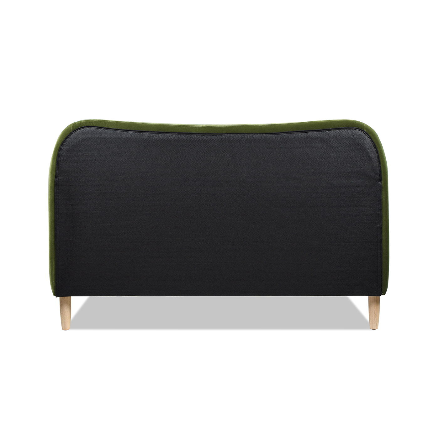 The Roman Curved Headboard Upholstered Platform Bed features dark upholstery, green trim along the top edge, and light wooden legs for a modern look.