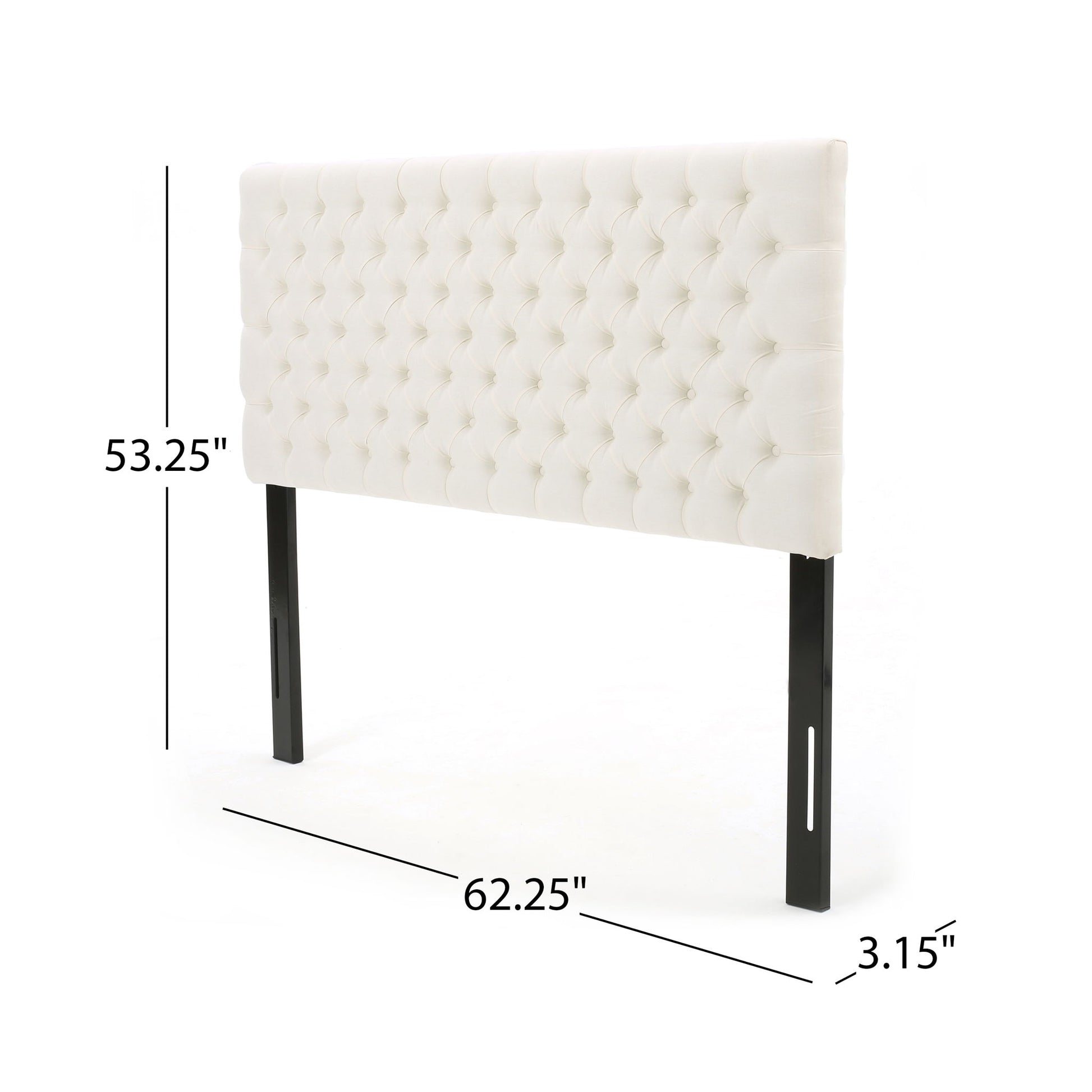 Annecy – Contemporary Upholstered Headboard features white tufted upholstery, black legs, and measures 53.25"H x 62.25"W x 3.15"D.