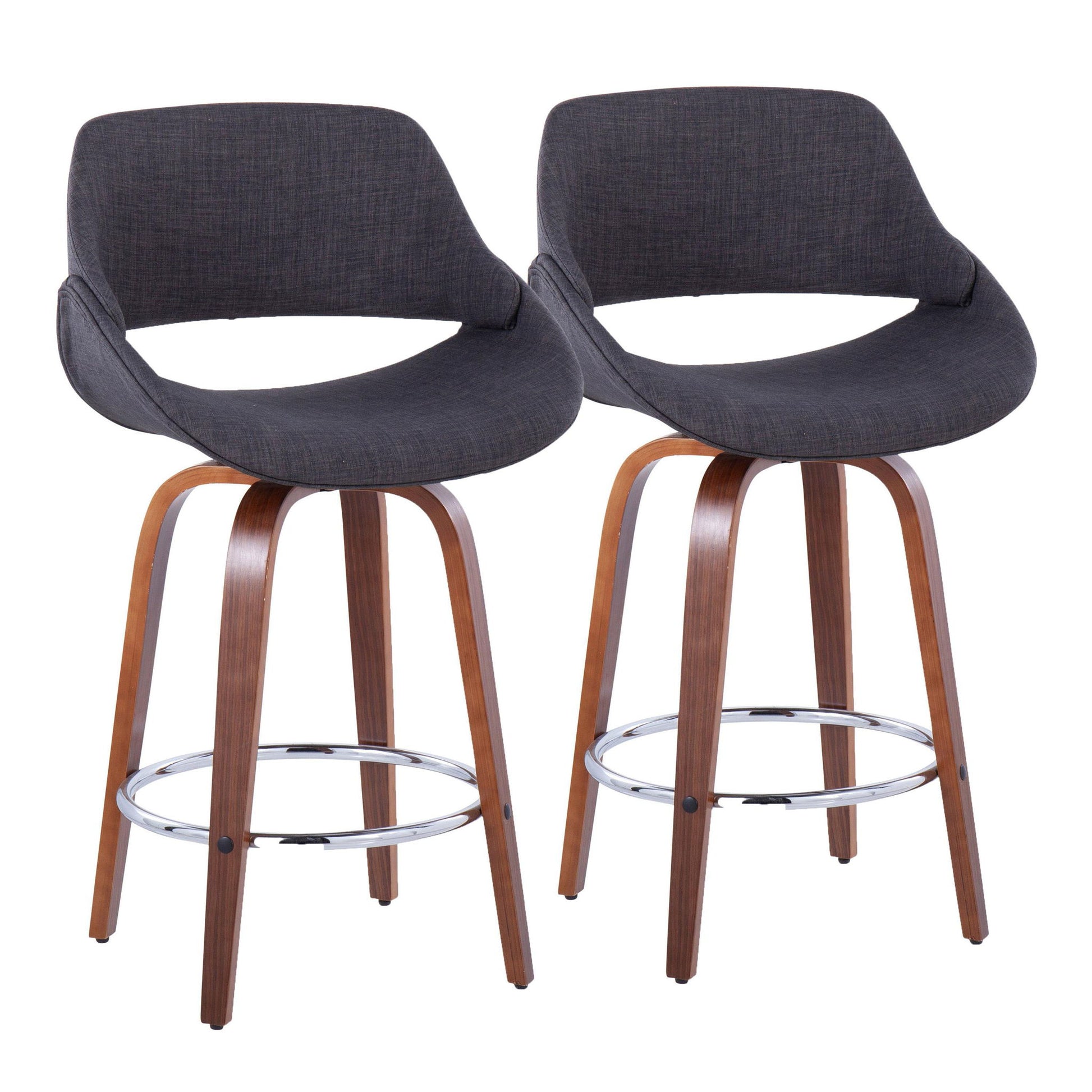 The Fabrico set includes two mid-century modern counter stools with dark gray upholstered seats, curved open backs, wooden legs, and round metal footrests, shown side by side against a white background.