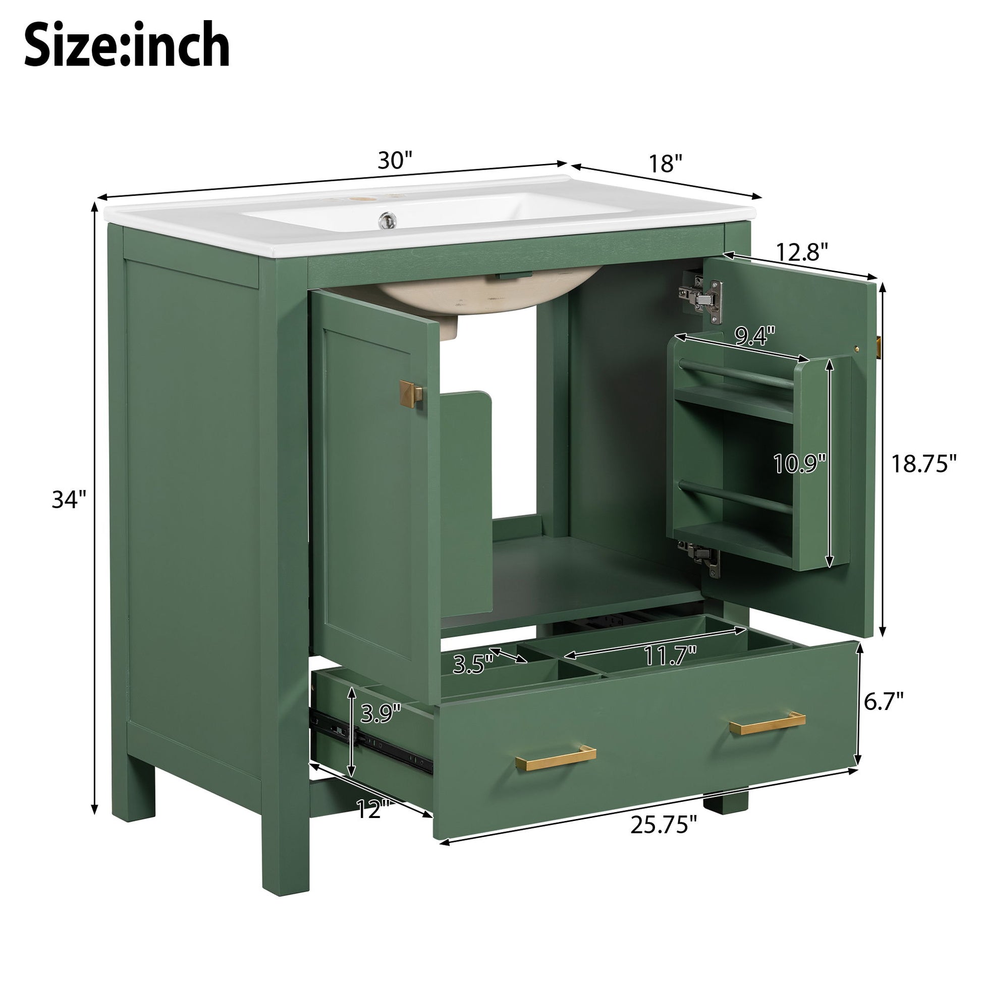 The Bathroom Vanity With Single Sink features a solid wood frame, combo cabinet with 2 soft-closing doors, a drawer, and multifunctional storage. Overall size: 30"W x 18"D x 34"H. Undermount sink included; perfect for organized bathroom storage.