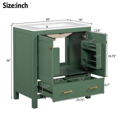 The Bathroom Vanity With Single Sink features a solid wood frame, combo cabinet with 2 soft-closing doors, a drawer, and multifunctional storage. Overall size: 30"W x 18"D x 34"H. Undermount sink included; perfect for organized bathroom storage.