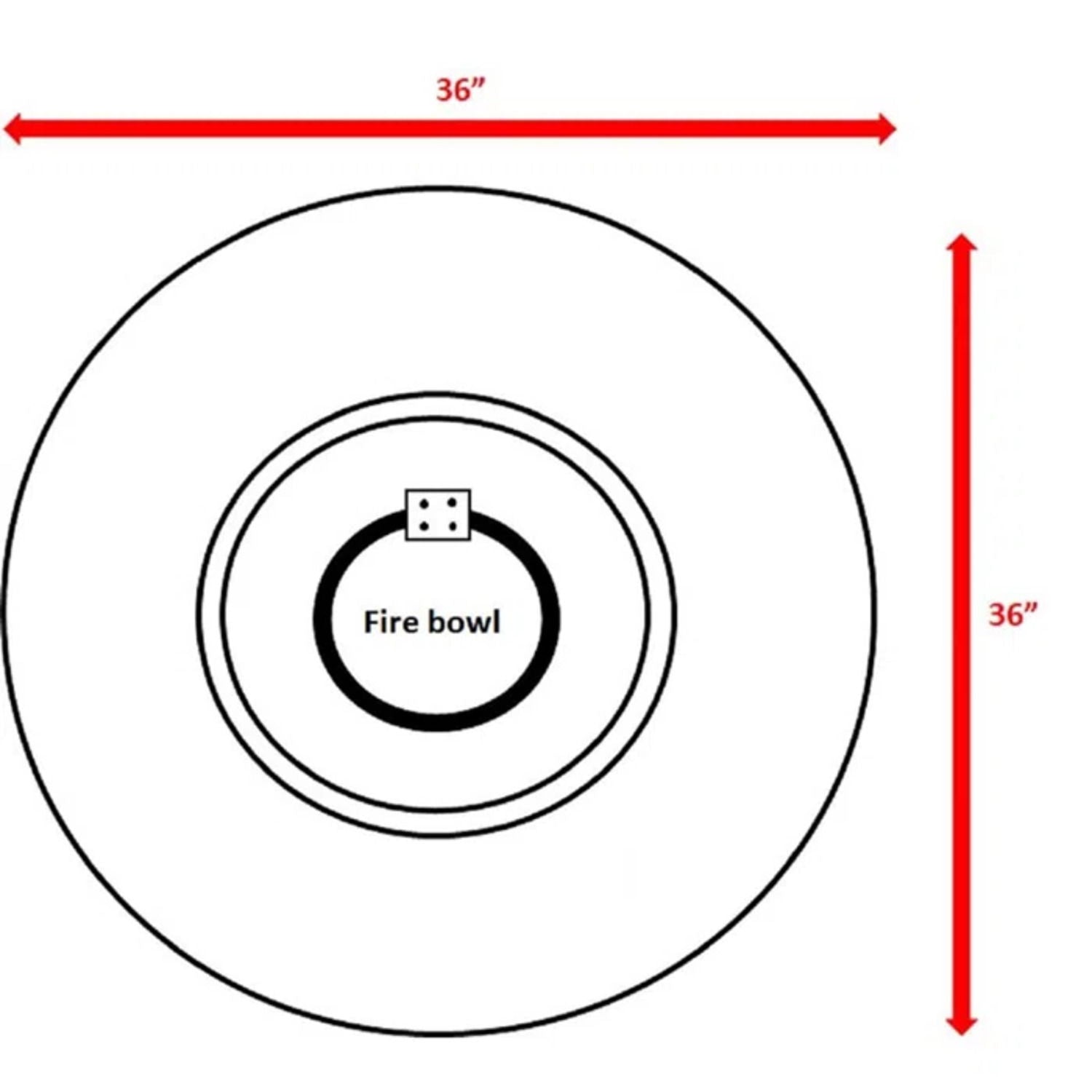 Diagram of the Fibre Reinforced Outdoor Fire Pit Table - Charcoal, circular in shape, with a labeled center and two red arrows indicating its 36-inch diameter for both width and height.