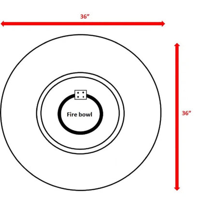 Diagram of the Fibre Reinforced Outdoor Fire Pit Table - Charcoal, circular in shape, with a labeled center and two red arrows indicating its 36-inch diameter for both width and height.
