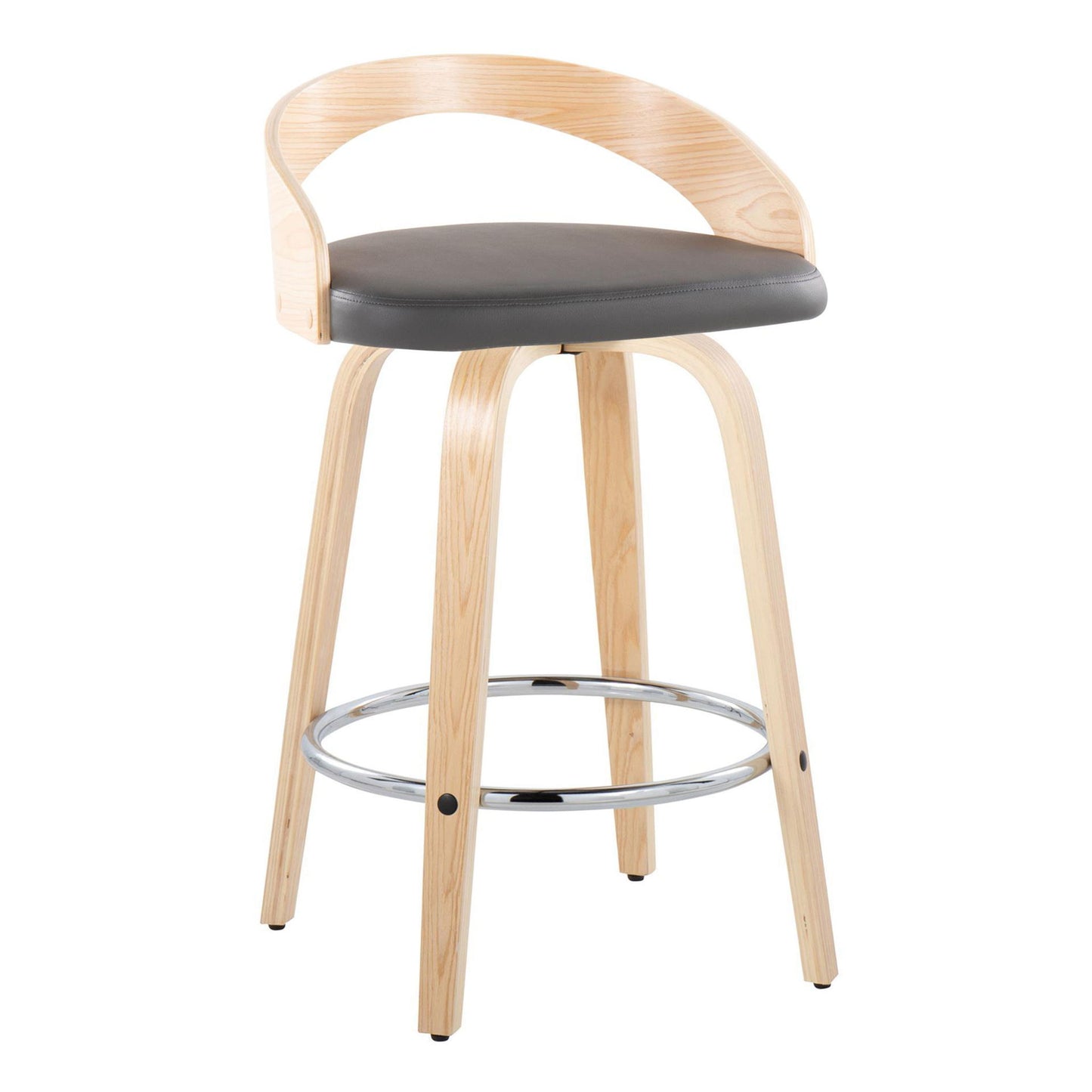 The Grotto is a contemporary fixed-height counter stool featuring four light wood legs, a round footrest, swivel function, a curved backrest, and a round gray cushioned seat. Sold as a set of 2.