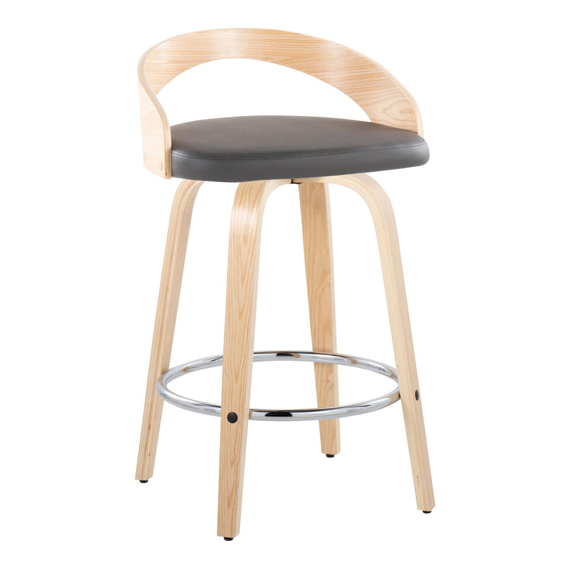 The Grotto is a contemporary fixed-height counter stool featuring four light wood legs, a round footrest, swivel function, a curved backrest, and a round gray cushioned seat. Sold as a set of 2.