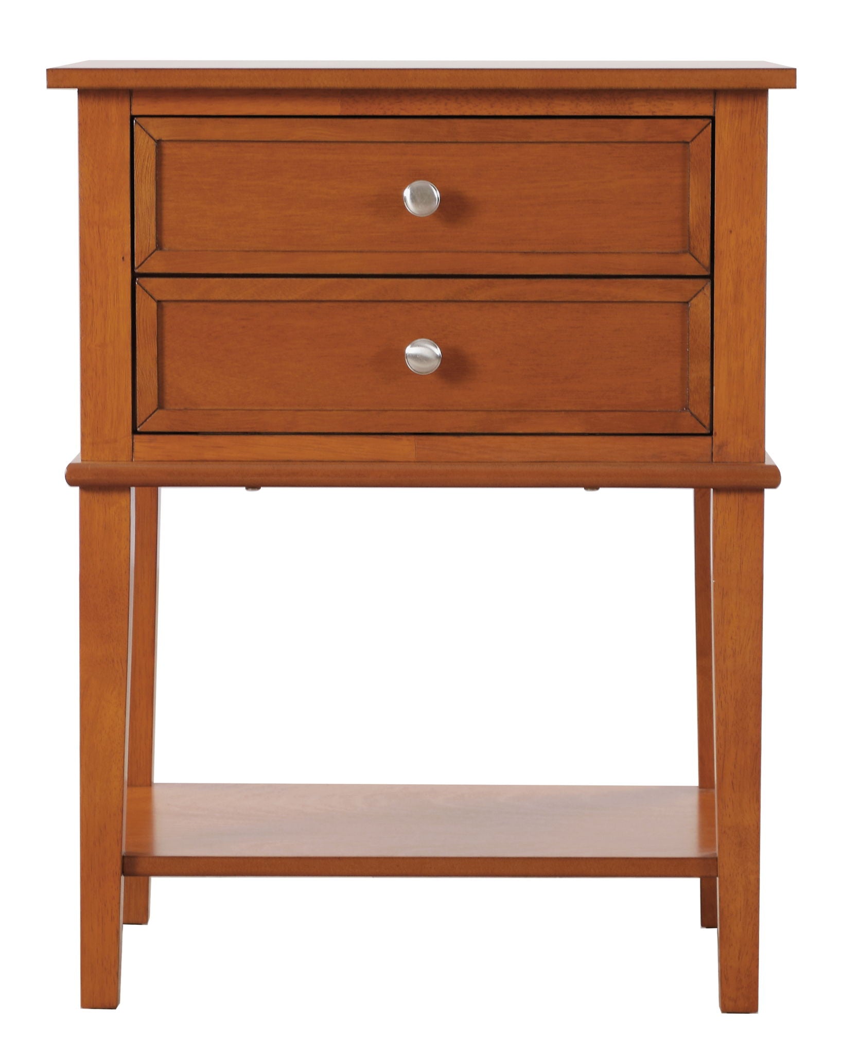 The Vibrant Contemporary Nightstand features a medium-brown wooden finish, two drawers with round metal knobs, and an open lower shelf.
