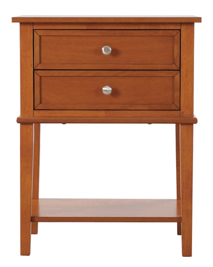 The Vibrant Contemporary Nightstand features a medium-brown wooden finish, two drawers with round metal knobs, and an open lower shelf.