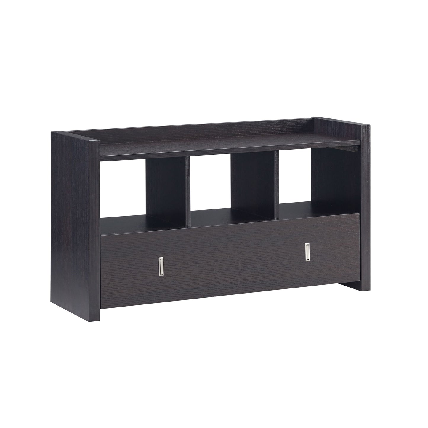 Shoe Entry Bench with three open shelves and a spacious drawer with divided compartment, shown against a white background.