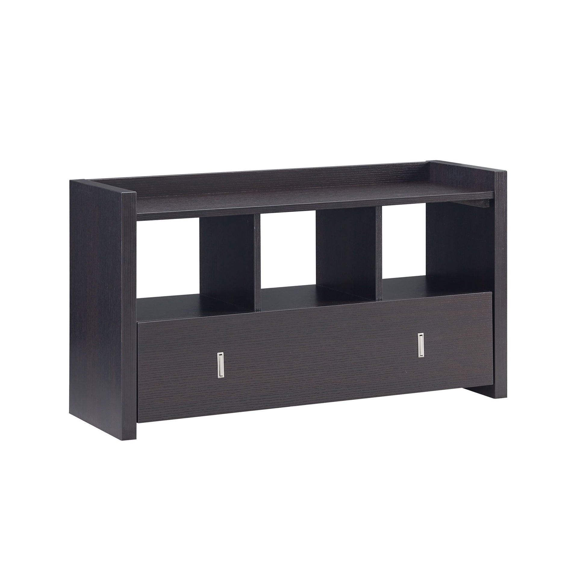 Shoe Entry Bench with three open shelves and a spacious drawer with divided compartment, shown against a white background.