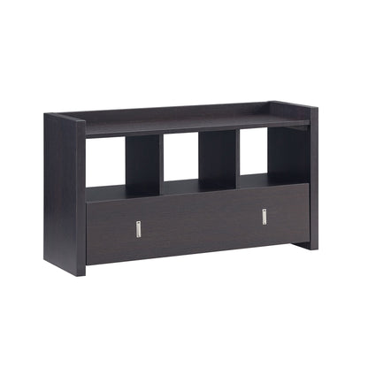 Shoe Entry Bench with three open shelves and a spacious drawer with divided compartment, shown against a white background.