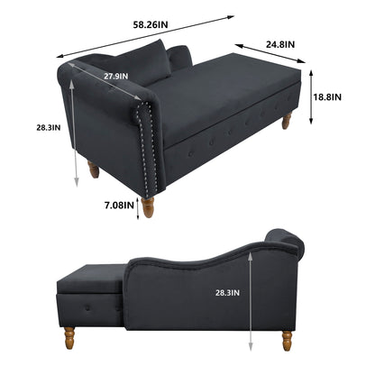 The Chaise Lounge Indoor, a modern velvet lounge chair with storage and pillow, features wooden legs, nailhead trim, and rolled arms. Shown from two angles: measures 58.26"L x 24.8"W x 28.3"H with seat height, depth, and armrest marked.