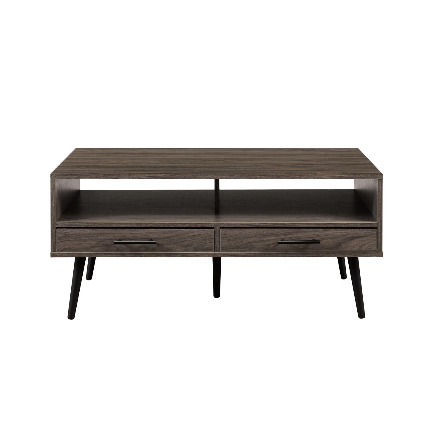 The Contemporary 2 Drawer Low Coffee Table features a modern rectangular design with two drawers, an open shelf above them, four angled black legs, a dark wood finish, and a minimalist style.