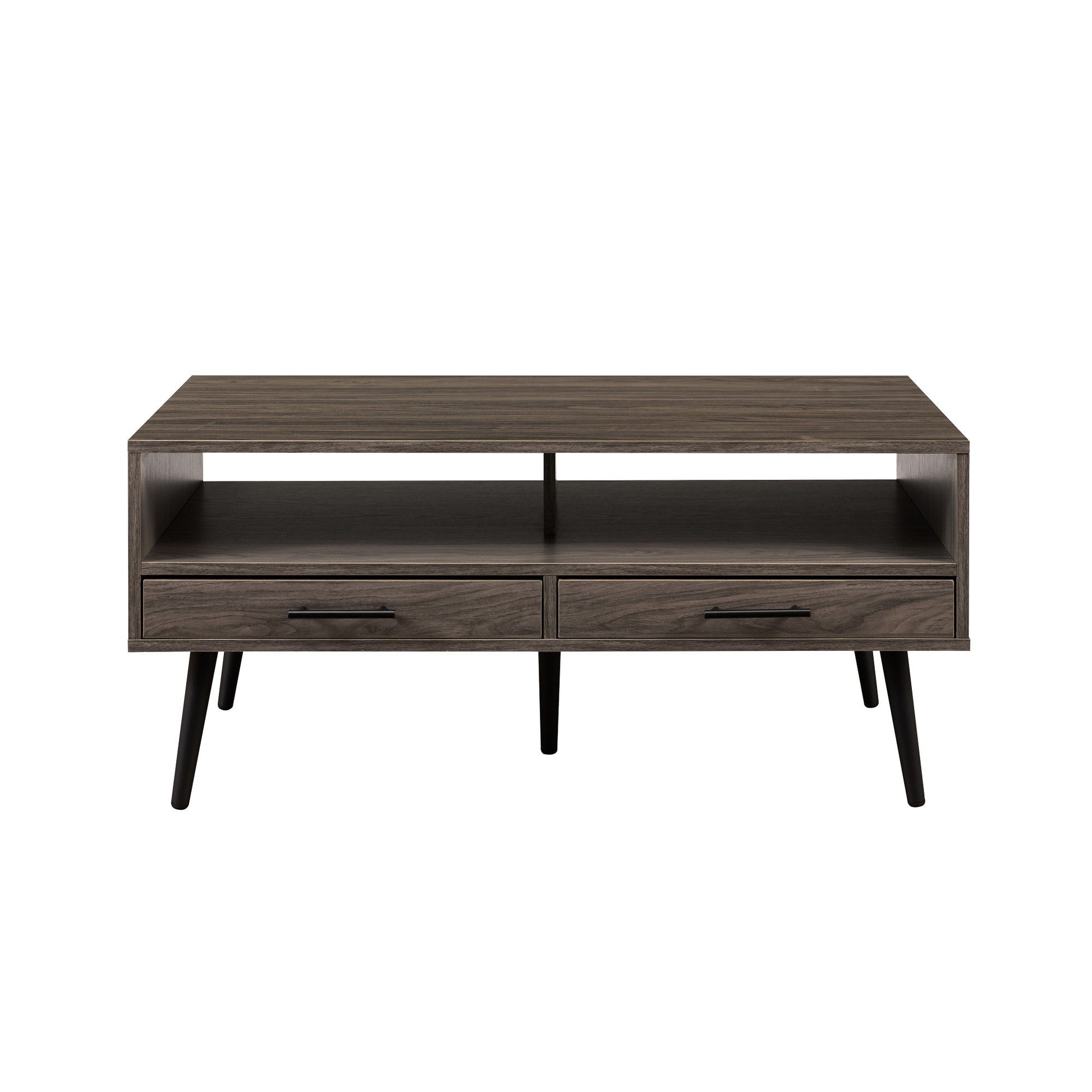 The Contemporary 2 Drawer Low Coffee Table features a modern rectangular design with two drawers, an open shelf above them, four angled black legs, a dark wood finish, and a minimalist style.
