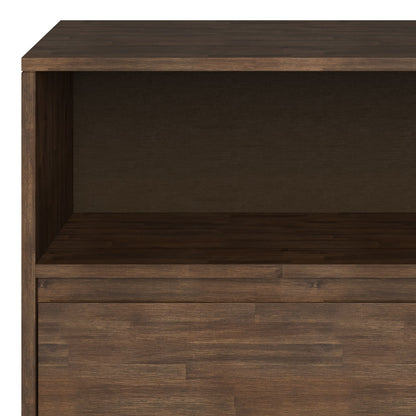 A close-up of the Chase Low Bookcase in Rustic Natural Aged Brown, featuring an open top shelf and a flat surface below.