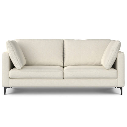 The Ava Mid Century Sofa features off-white upholstery, two seat and back cushions, two matching side pillows, and short black legs, combining modern style with comfort against a plain background.