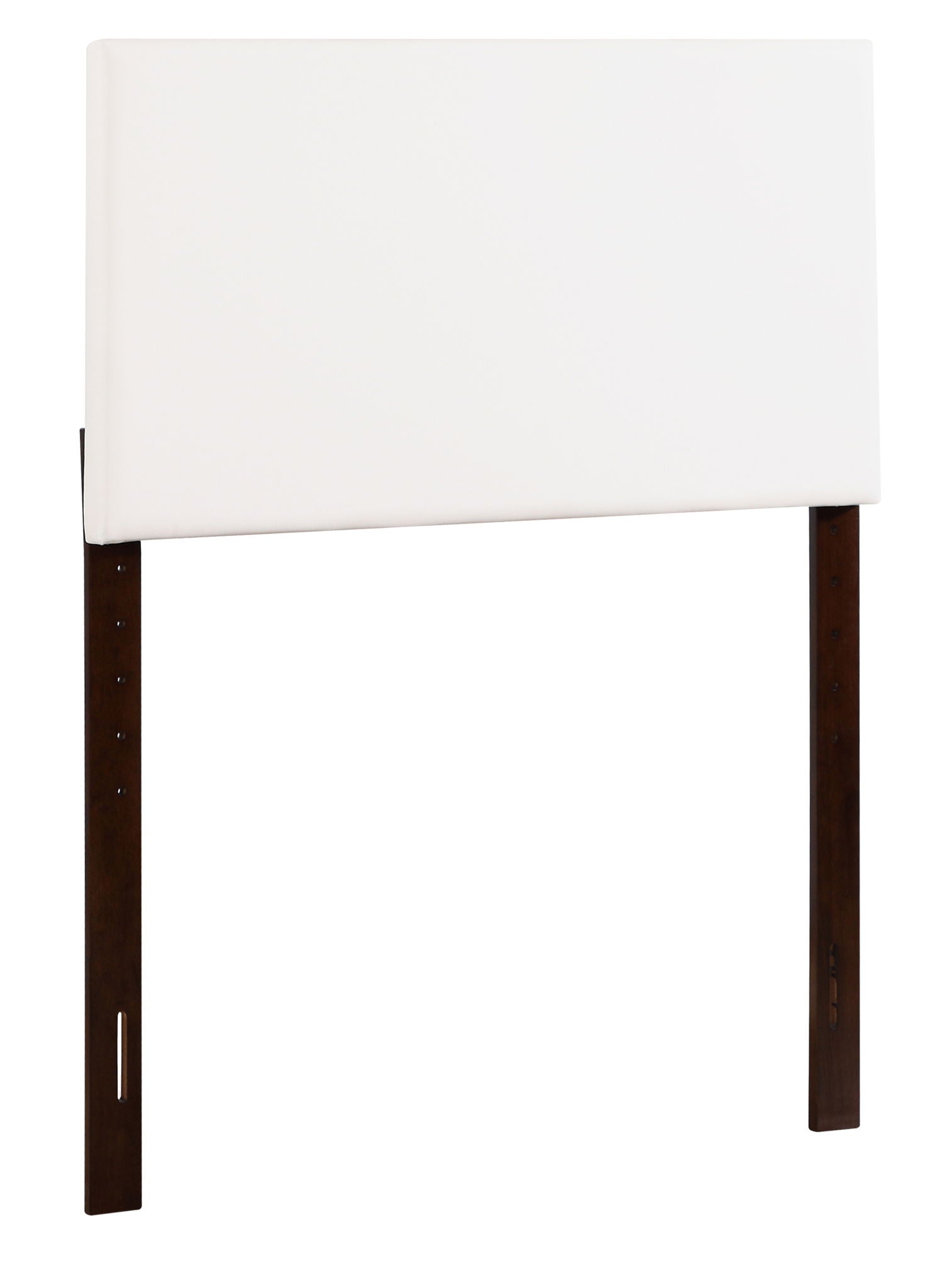 The Nova Headboard features a minimalist design with a rectangular white padded panel and two dark wooden legs with adjustment holes for easy bed frame attachment.