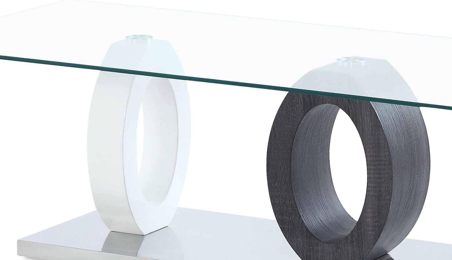 The Couch.com Tracker Coffee Table features a modern, durable wood design with a rectangular top, white finish, and contrasting brown and white bases for stylish appeal.