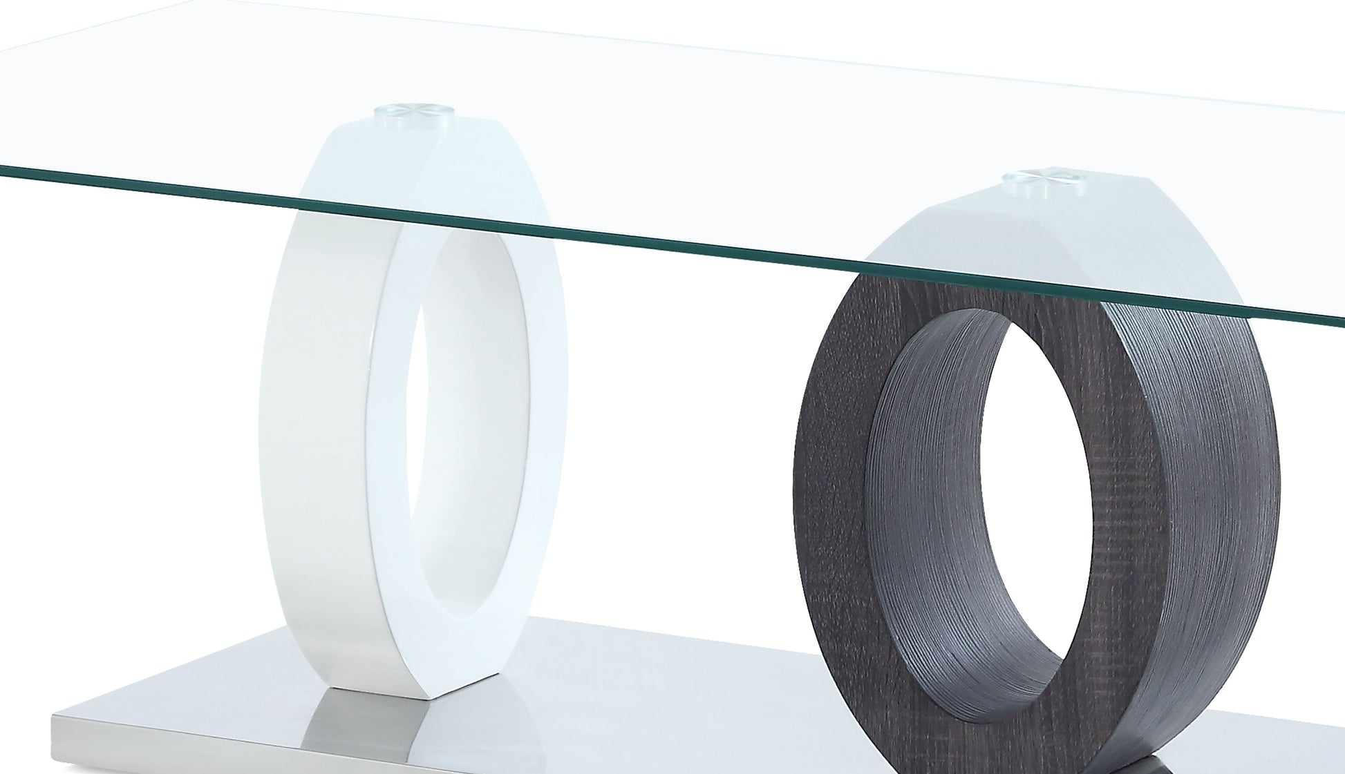 The Couch.com Tracker Coffee Table features a modern, durable wood design with a rectangular top, white finish, and contrasting brown and white bases for stylish appeal.