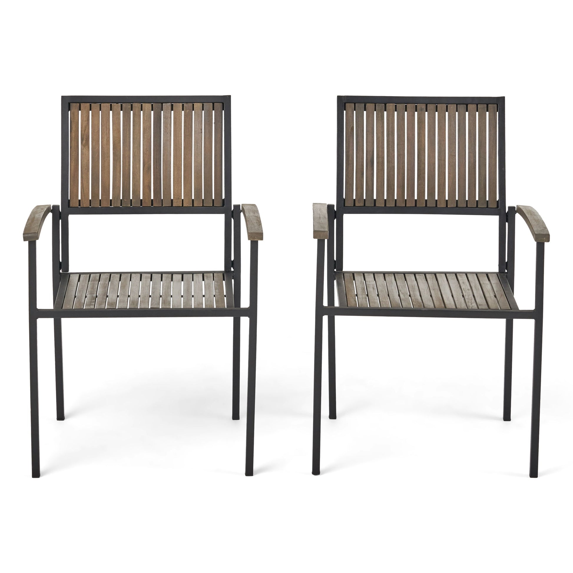 Two Vermilion outdoor dining chairs with vertical slatted wooden seats, backs, and armrests, set side by side on a white background; each features a black metal frame for durability and style.