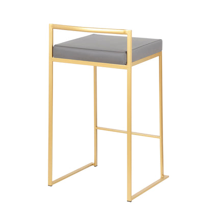 The Fuji Contemporary/Glam Counter Stool (Set of 2) features a minimalist gold metal frame and square gray cushioned seat, shown against a plain white background.
