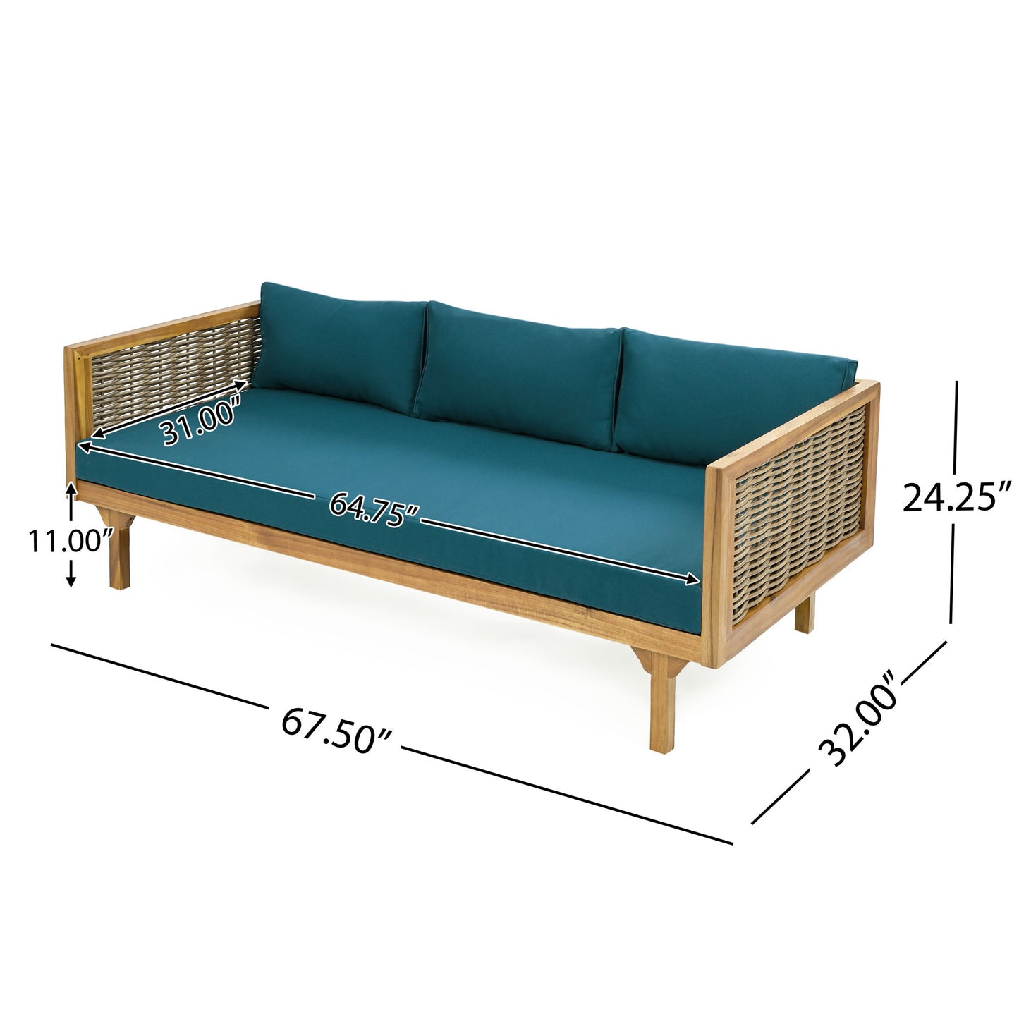 The Claremont 3 Seater Daybed features a teak acacia wood frame, water-resistant teal cushions, and woven side panels. Dimensions: 67.5" L x 32" D x 24.25" H; seat depth 31", seat width 64.75", seat height 11".