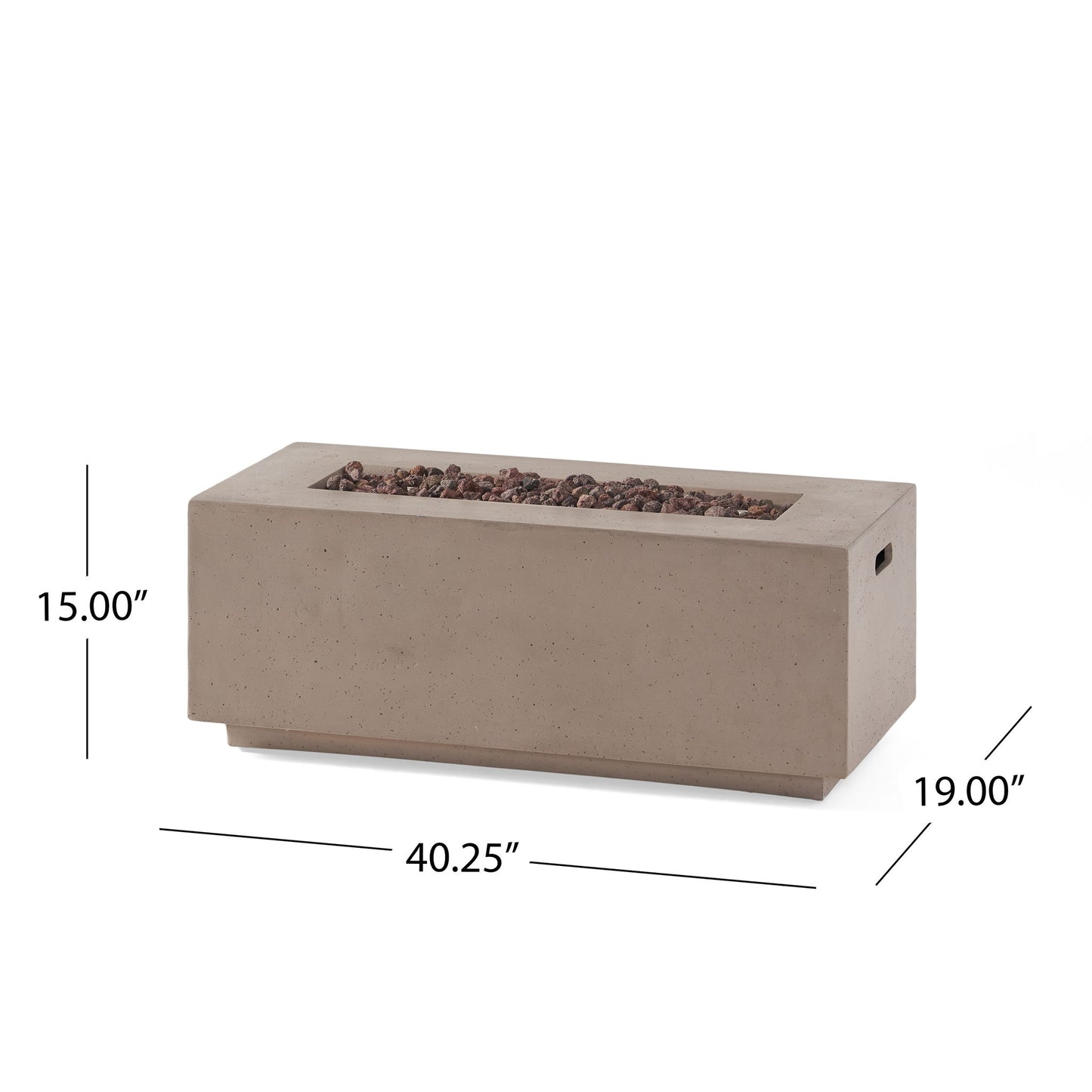 The Contemporary Outdoor 40,000 Btu Propane Fire Pit features a rectangular concrete design with a cutout top for lava rocks, side handles for easy carrying, and measures 40.25"L x 19"D x 15"H.