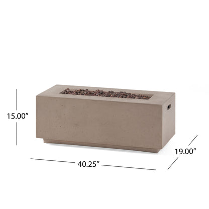 The Contemporary Outdoor 40,000 Btu Propane Fire Pit features a rectangular concrete design with a cutout top for lava rocks, side handles for easy carrying, and measures 40.25"L x 19"D x 15"H.