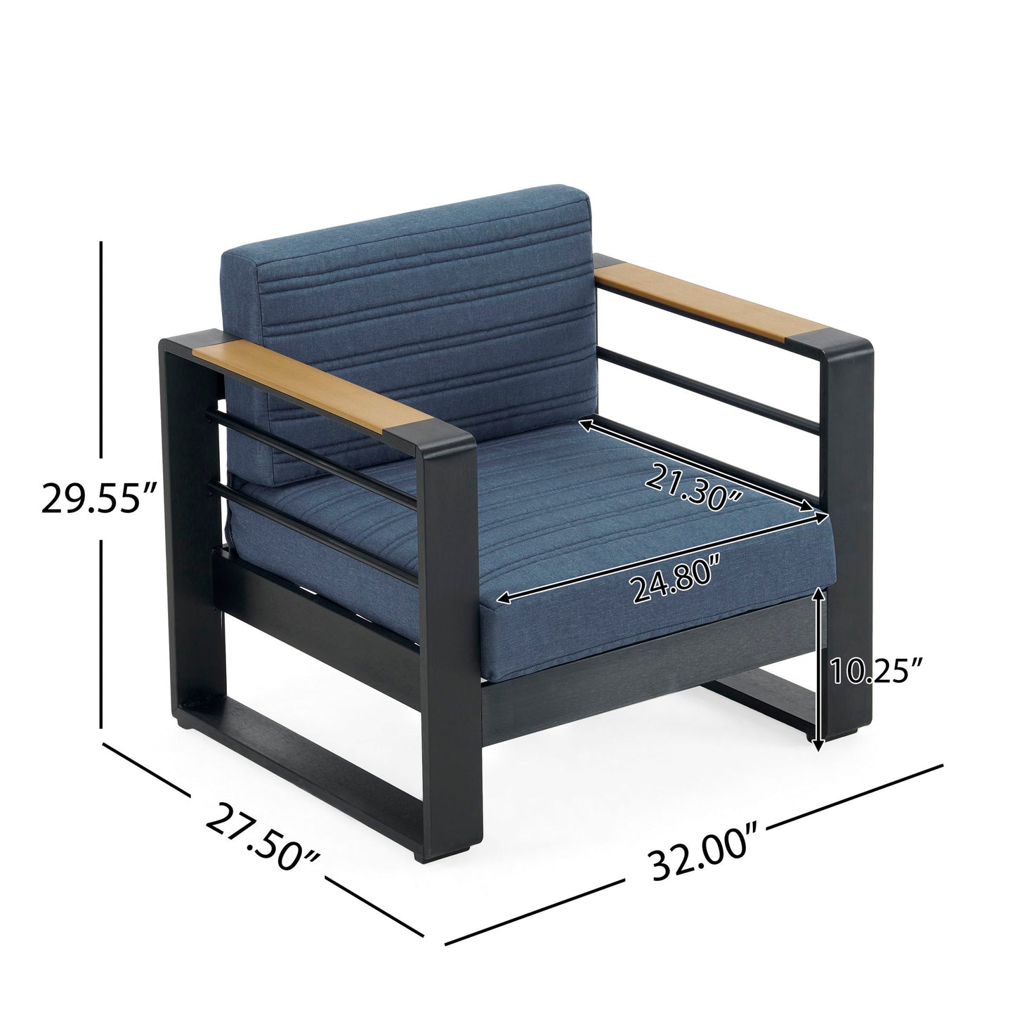 The Giovanna Club Chair Set features blue cushions, a black aluminum frame, and wood armrests. Dimensions: 29.55" H x 32" W x 27.5" D; seat: 21.5" x 24.8", seat height: 10.25".