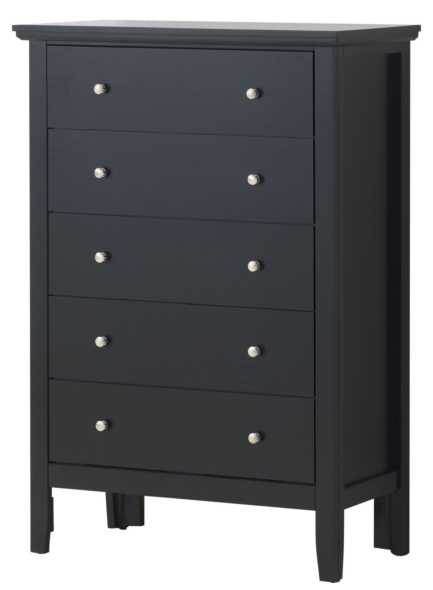 The Primo - Chest is a tall black wooden dresser with five drawers, each with two round silver knobs. It features simple, straight lines, a flat top, and stands on short legs.