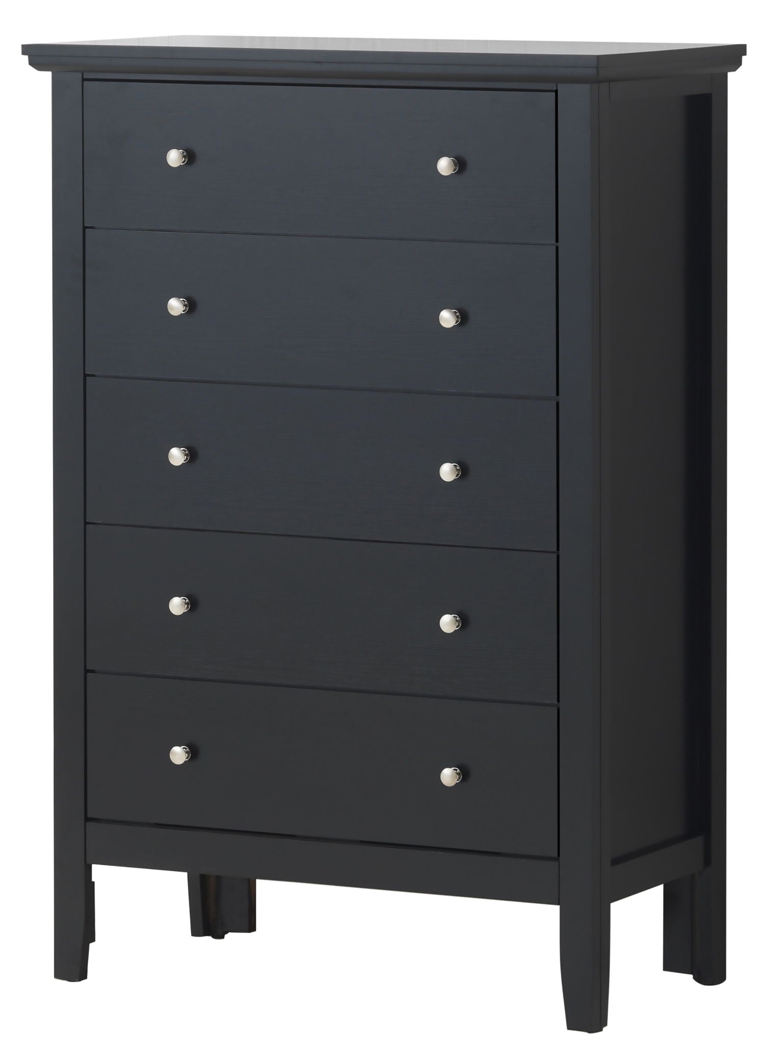 The Primo - Chest is a tall black wooden dresser with five drawers, each with two round silver knobs. It features simple, straight lines, a flat top, and stands on short legs.
