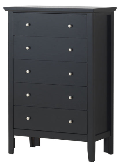 The Primo - Chest is a tall black wooden dresser with five drawers, each with two round silver knobs. It features simple, straight lines, a flat top, and stands on short legs.