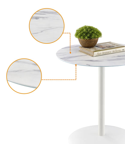The Circa 17.5" End Table features a marble-textured white top. Shown with a small potted plant and books, two magnified insets display the tabletop’s marble texture and edge detail.