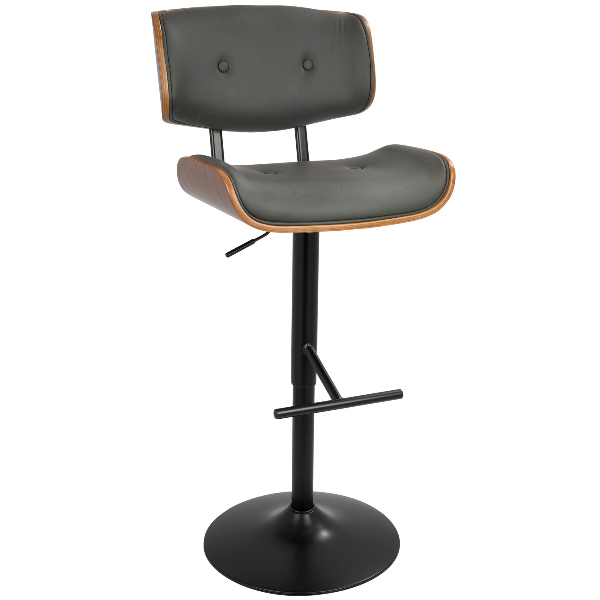 The Lombardi Mid Century Modern Adjustable Barstool features a black metal base with footrest, adjustable height lever, dark gray upholstered seat and back with wood edge accents, and two button tufts on the backrest.