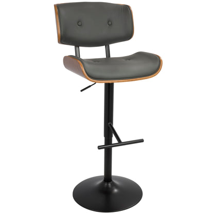 The Lombardi Mid Century Modern Adjustable Barstool features a black metal base with footrest, adjustable height lever, dark gray upholstered seat and back with wood edge accents, and two button tufts on the backrest.