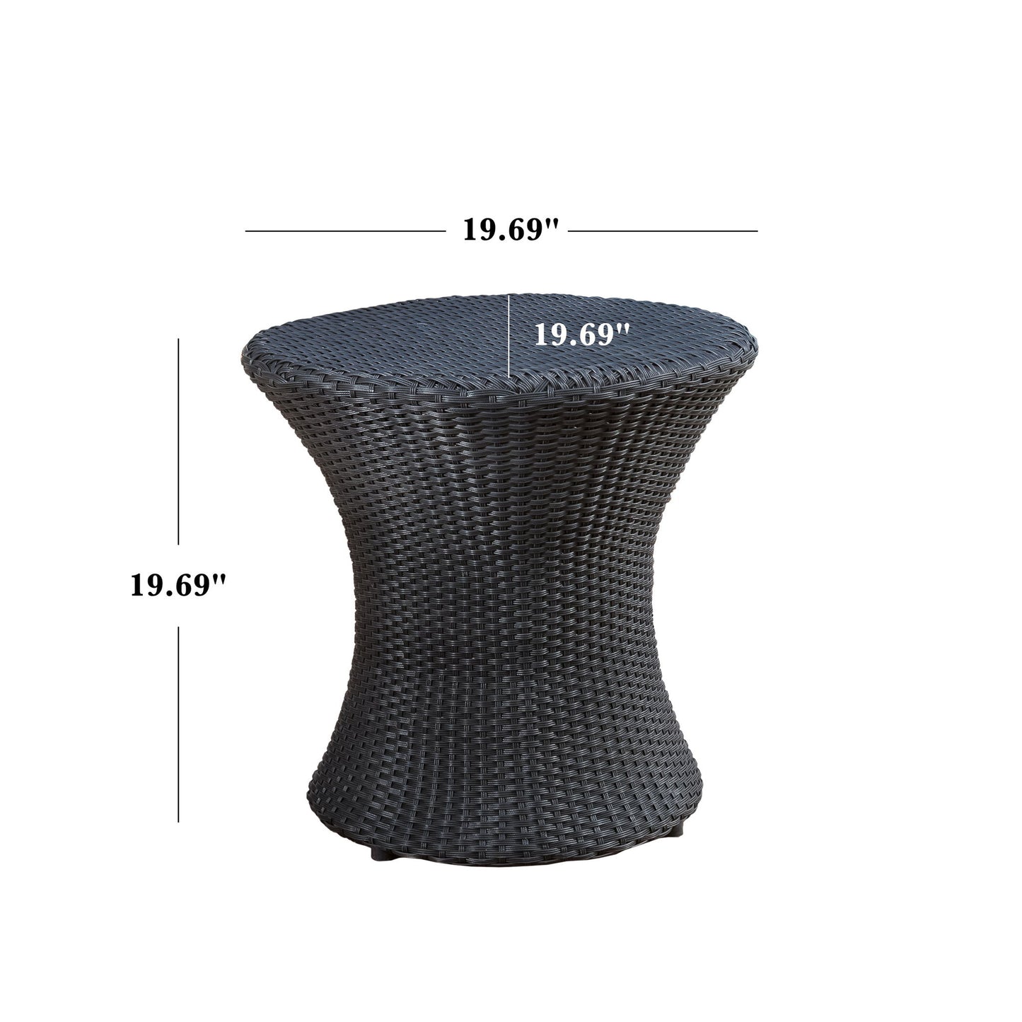 The Thrive Hourglass Rattan Table features a round, woven dark rattan design without a glass top, measuring 19.69 inches in diameter and height, and boasts a slightly curved hourglass-shaped base.