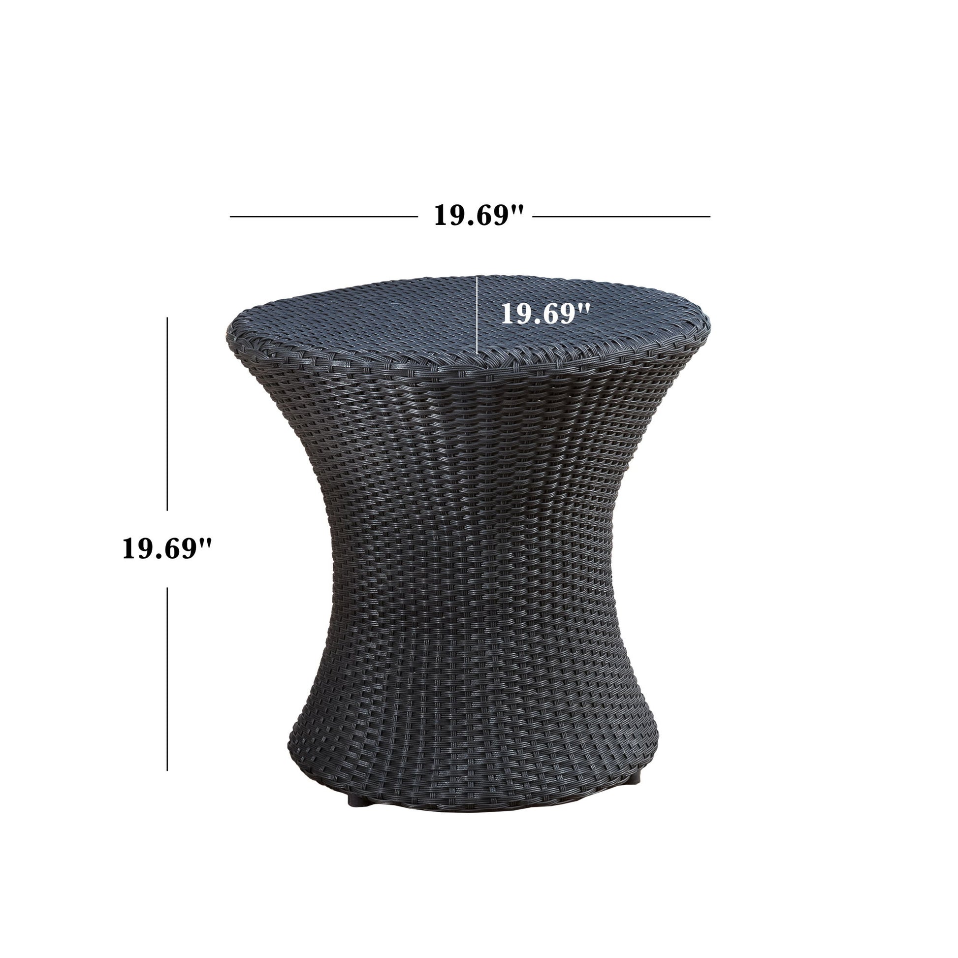 The Thrive Hourglass Rattan Table features a round, woven dark rattan design without a glass top, measuring 19.69 inches in diameter and height, and boasts a slightly curved hourglass-shaped base.