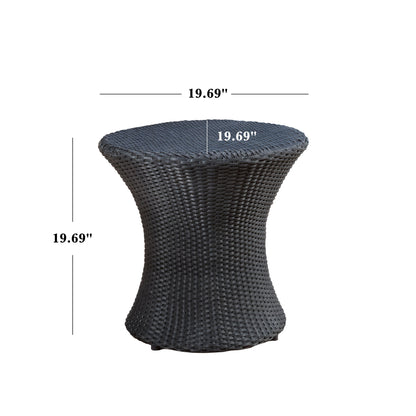 The Thrive Hourglass Rattan Table features a round, woven dark rattan design without a glass top, measuring 19.69 inches in diameter and height, and boasts a slightly curved hourglass-shaped base.
