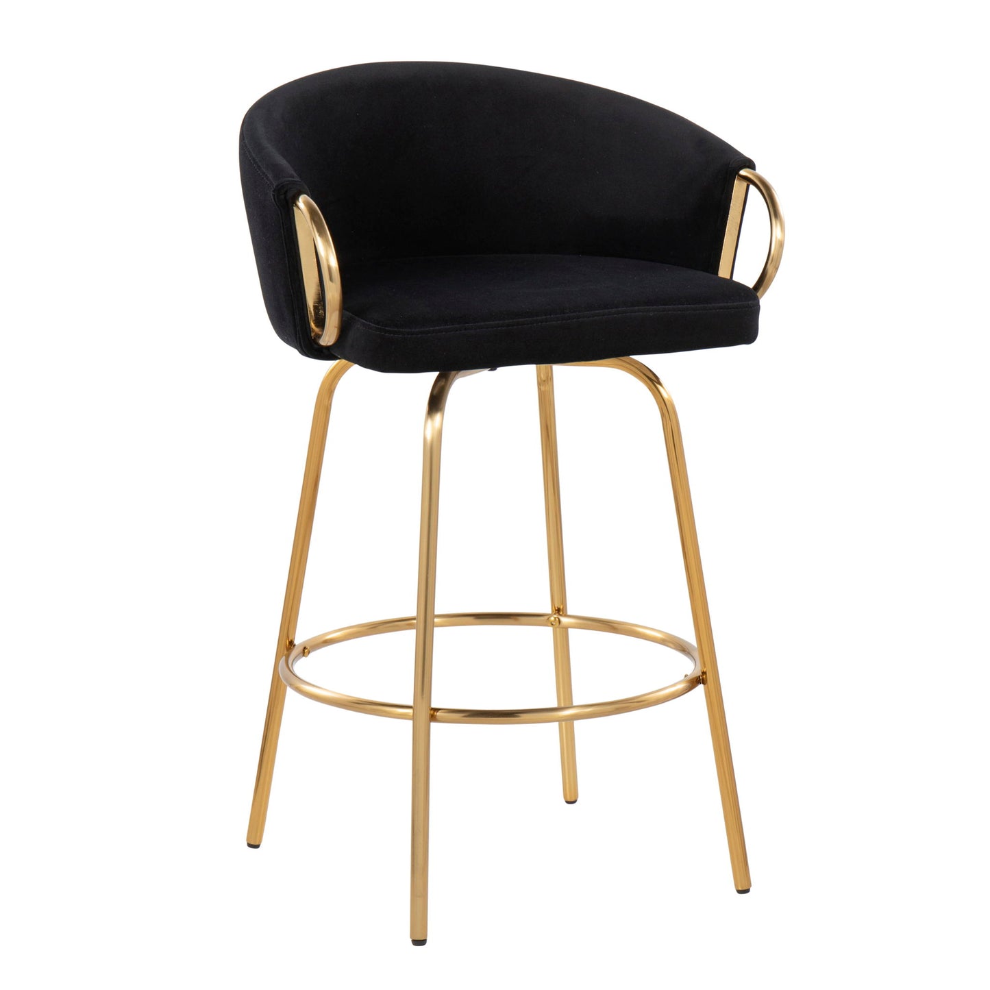 The Claire Contemporary & Glam Counter Stool (Set of 2) features a black cushioned seat and backrest, gold metal armrests and legs, plus a circular footrest connecting the legs for modern style.