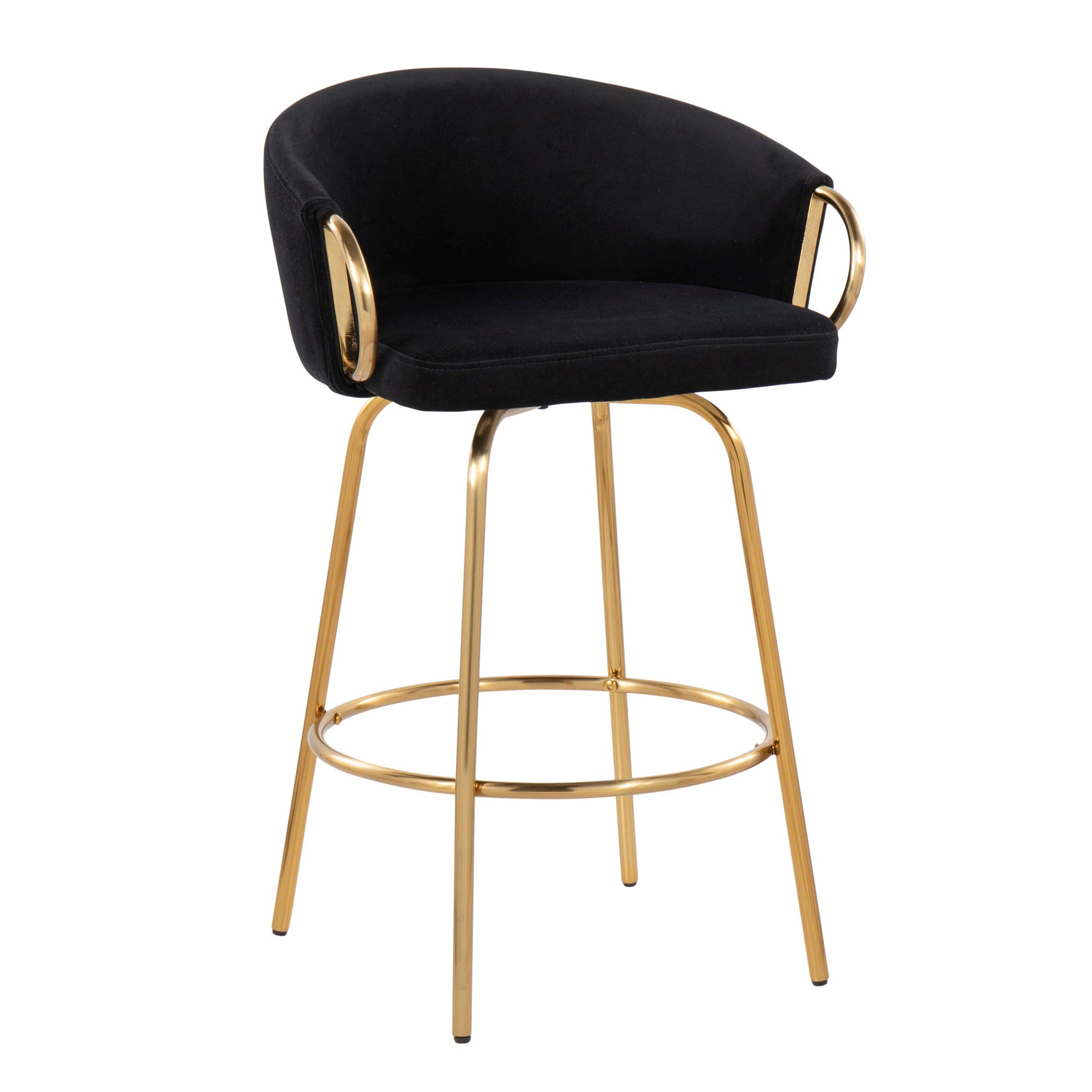 The Claire Contemporary & Glam Counter Stool (Set of 2) features a black cushioned seat and backrest, gold metal armrests and legs, plus a circular footrest connecting the legs for modern style.