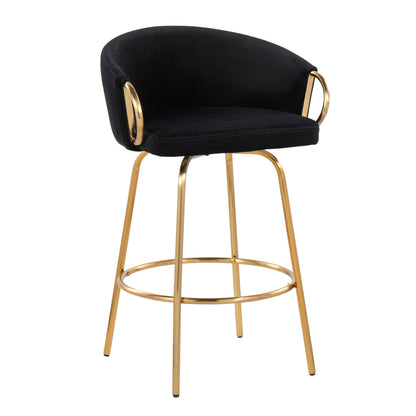 The Claire Contemporary & Glam Counter Stool (Set of 2) features a black cushioned seat and backrest, gold metal armrests and legs, plus a circular footrest connecting the legs for modern style.