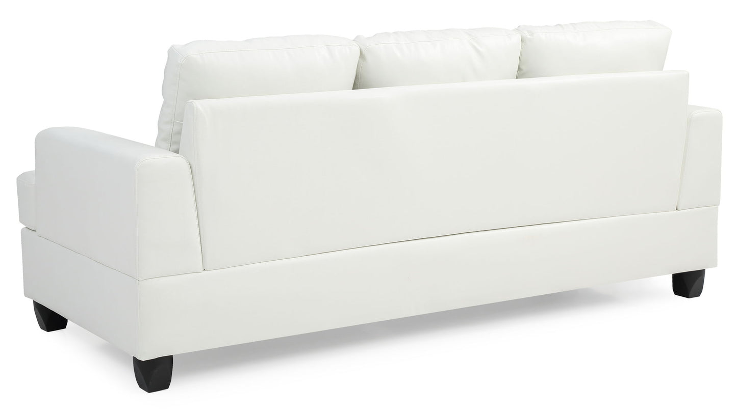 The Sandridge Sofa is a modern white piece with three back cushions, wide armrests, and short black legs, shown from the back.