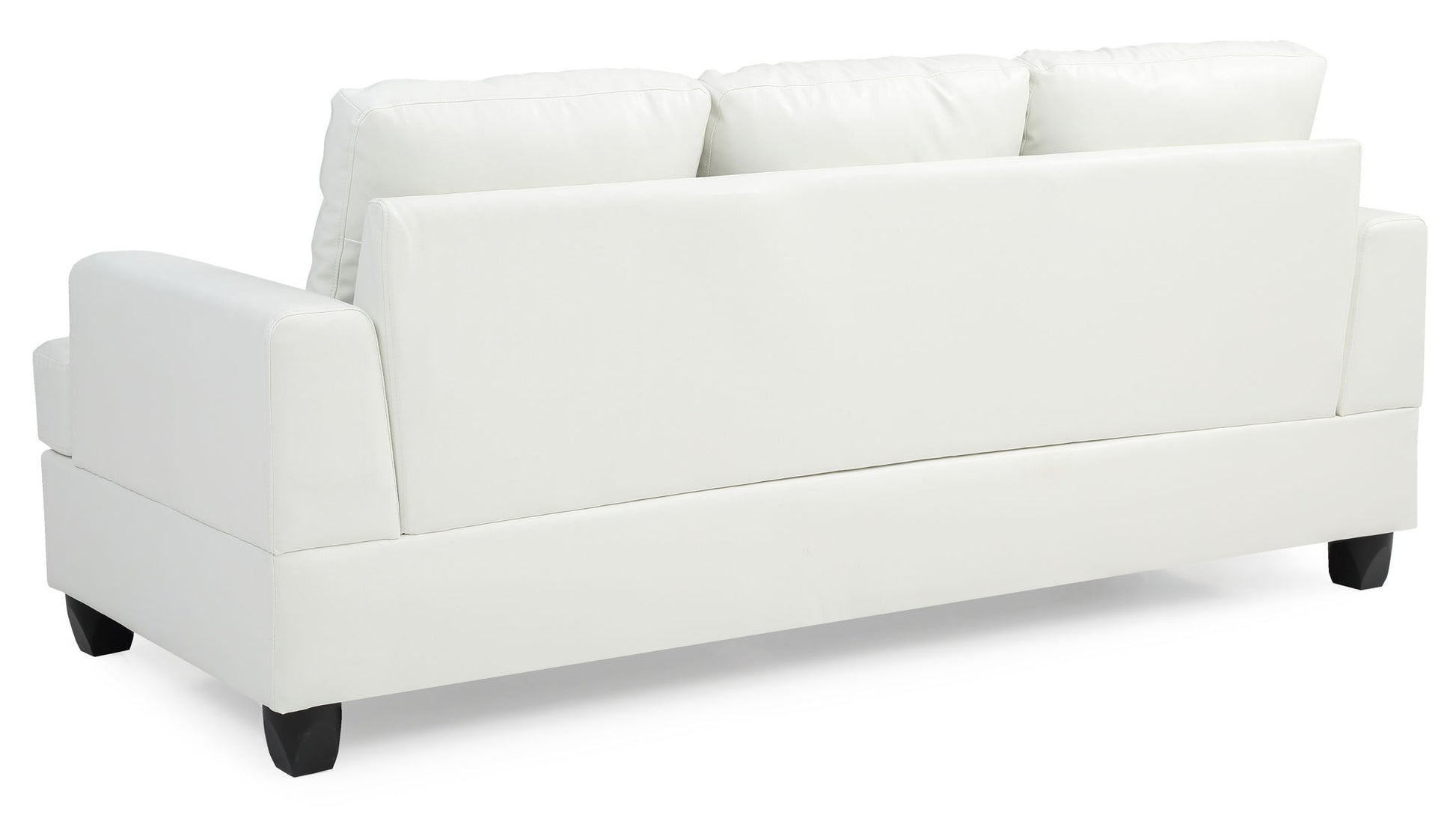 The Sandridge Sofa is a modern white piece with three back cushions, wide armrests, and short black legs, shown from the back.