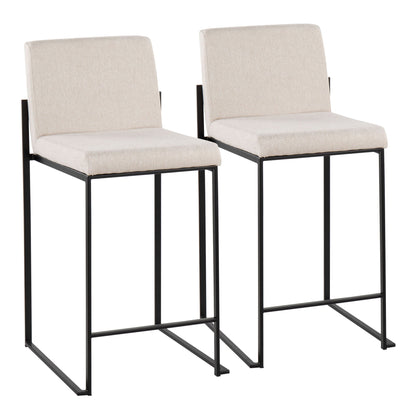 Two Fuji High Back Counter Stools with light beige cushioned seats and minimalist black metal frames and footrests, side by side against a white background.