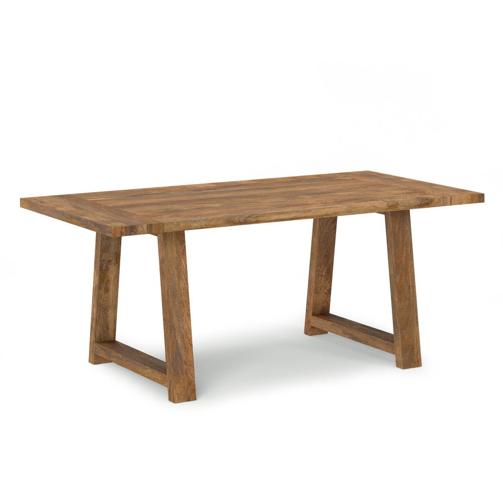 The Whitley Dining Table in Burnt Wax brown features a rectangular wooden top, angled legs with horizontal supports near the floor, and a natural finish, shown against a plain white background.