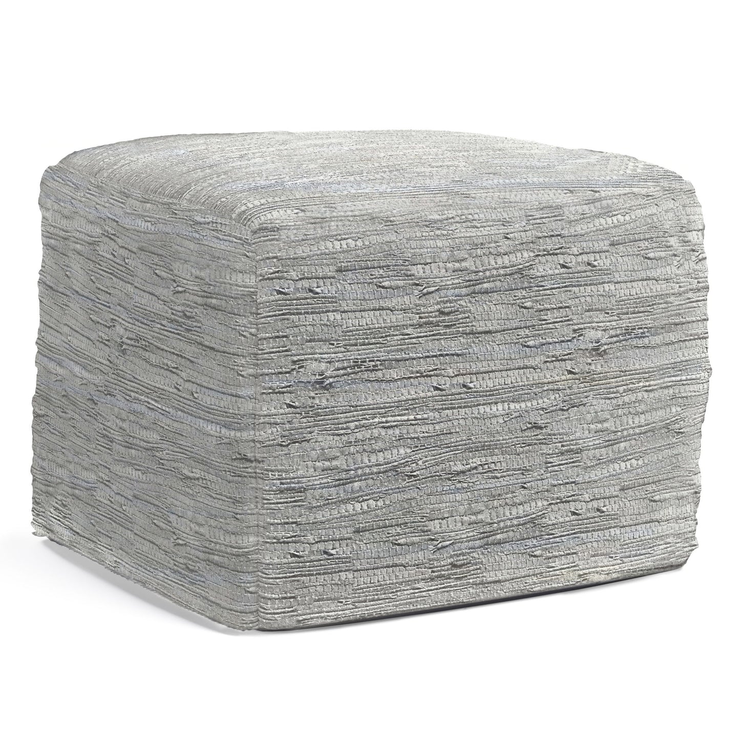 The Fredrik - Handcrafted Square Pouf is a square, textured gray ottoman with a woven fabric cover, displayed against a white background.